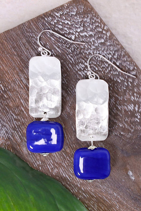 Blue Murano Glass & Hammered Rectangle Drop Earrings - SF