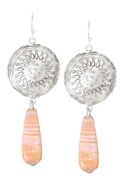 Peach Murano Glass & Floral Hammered Disc Drop Earrings - SF