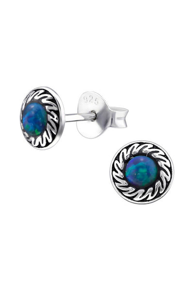 Sterling Silver Round Ear Studs With Opal - SS