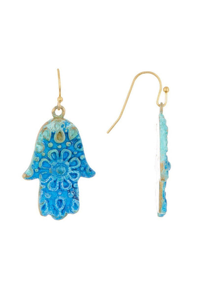 Natural Blue Patina Hamsa Earrings - BR