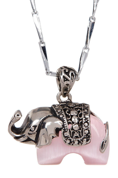 Pink Cat's Eye Little Elephant Pendant Necklace - SF