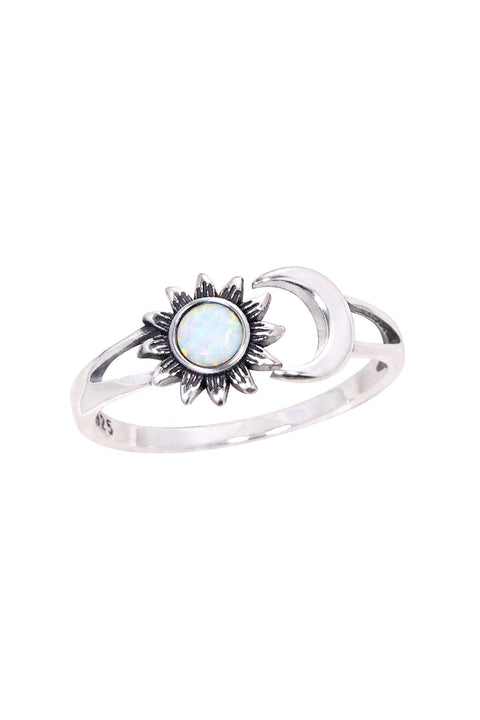 White Created Opal & Sterling Silver Sun & Moon Ring - SS