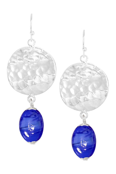 Blue Murano Glass & Hammered Disc Drop Earrings - SF