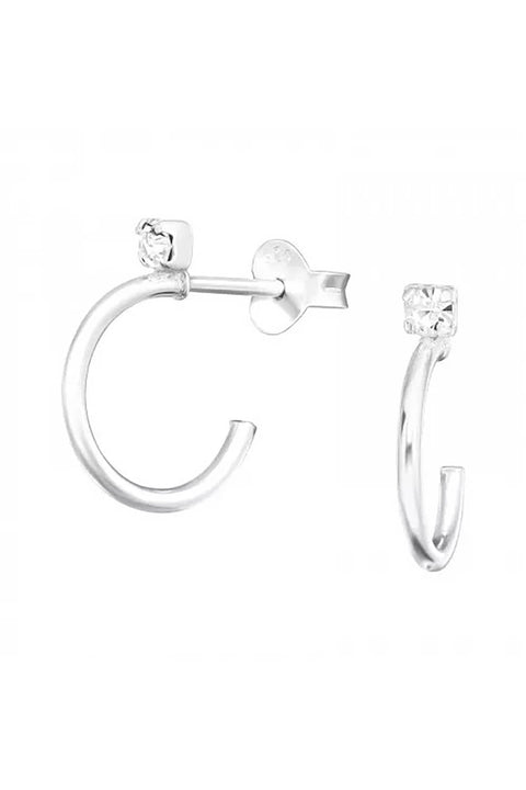 Sterling Silver Half Hoop Ear Studs With Crystal - SS