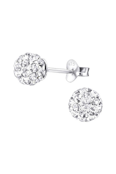 Sterling Silver Ball Ear Studs With Crystal - SS