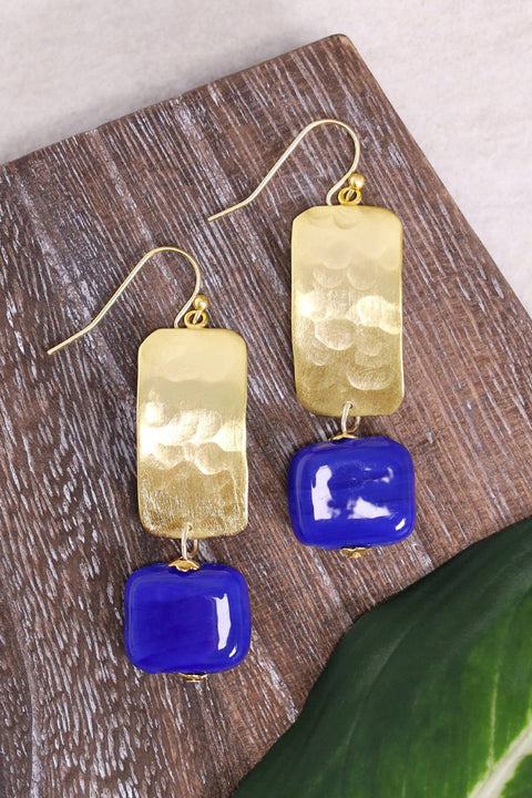 Blue Murano Glass & Hammered Rectangle Drop Earrings - GF