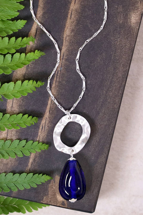 Blue Murano Glass & Hammered Hoop Pendant Necklace - SF