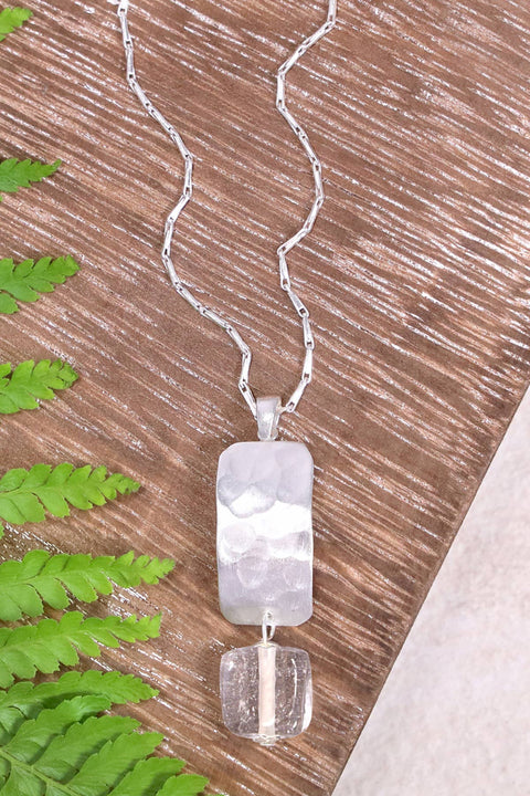 Clear Murano Glass & Hammered Rectangle Necklace - SF