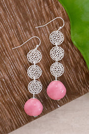 Pink Murano Glass & Daisy Disc Drop Earrings - SF