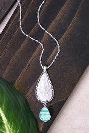 Green Murano Glass & Hammered Teardrop Pendant Necklace - SF