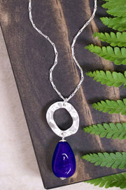 Blue Murano Glass & Hammered Hoop Pendant Necklace - SF