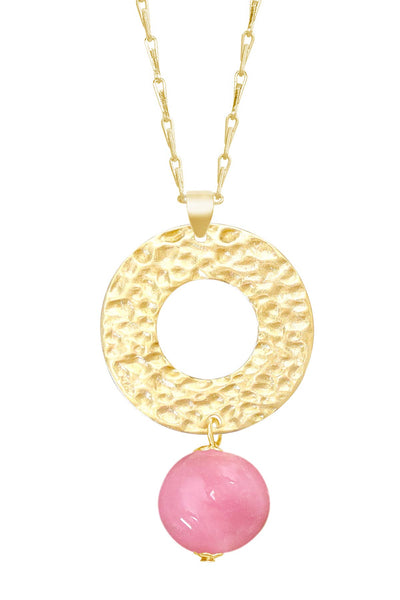 Pink Murano Glass & Hammered Circle Pendant Necklace - GF