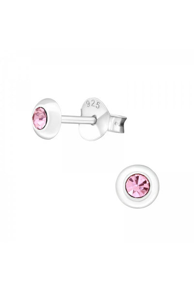 Sterling Silver Round Ear Studs With Crystal - SS