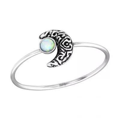 Sterling Silver Moon Ring With Created Opal - SS