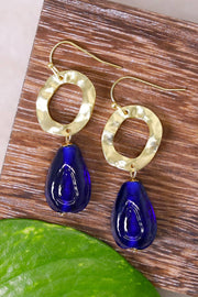 Blue Murano Glass & Hammered Hoop Drop Earrings - GF