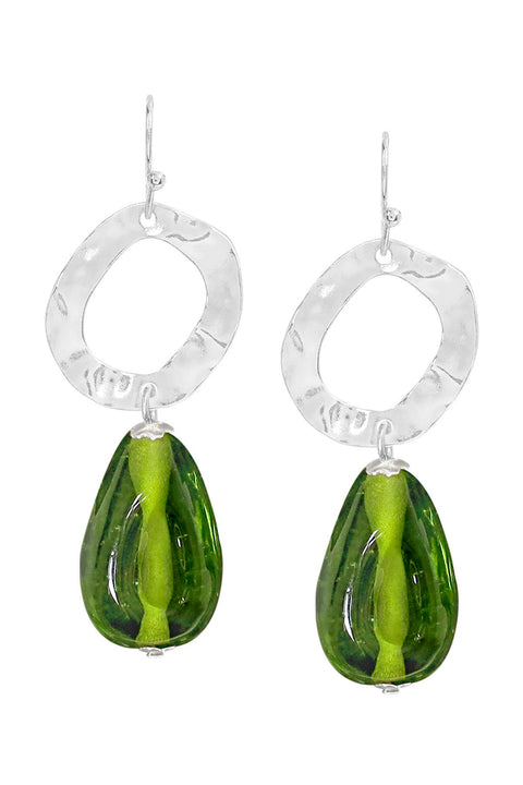 Peridot Murano Glass & Hammered Hoop Drop Earrings - SF