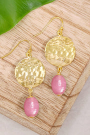 Pink Murano Glass & Hammered Disc Drop Earrings - GF