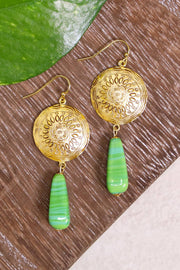 Green Murano Glass & Floral Hammered Disc Drop Earrings - GF