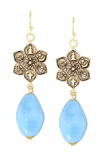 Blue Murano Glass & Coexist Harmony Lotus Drop Earrings - GF