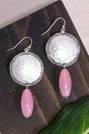 Pink Murano Glass & Hammered Coin Drop Earrings - SF