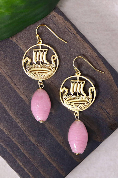 Pink Murano Glass & Viking Ship Drop Earrings - GF