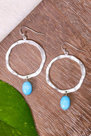 Blue Murano Glass & Hammered Hoop Drop Earrings - SF