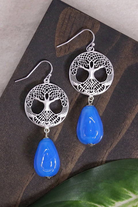 Blue Murano Glass & Tree Of Life Drop Earrings - SF