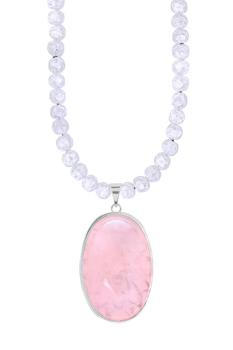 Crystal Quartz Beads Necklace With Rose Quartz Pendant - SF