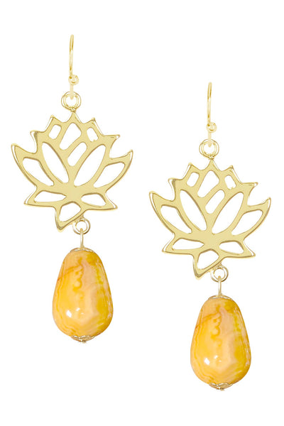 Crazy Lace Agate & Lotus Drop Earrings - GF