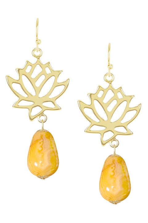 Crazy Lace Agate & Lotus Drop Earrings - GF