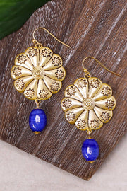 Blue Murano Glass & Hammered Floral Disc Drop Earrings - GF