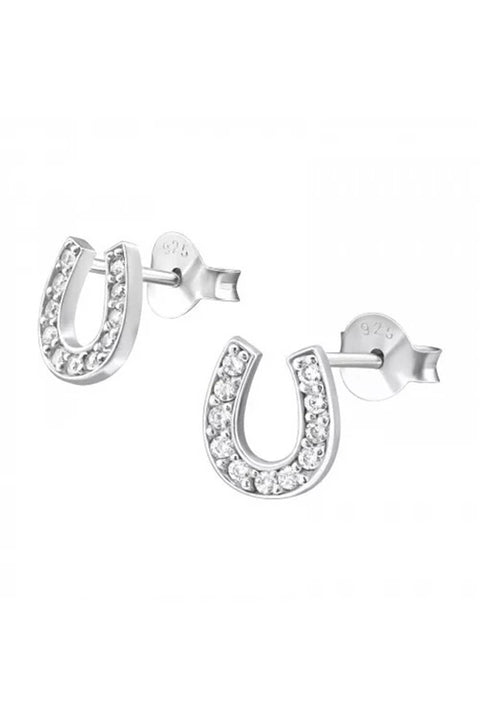 Sterling Silver Horseshoe Ear Studs with Cubic Zirconia - SS