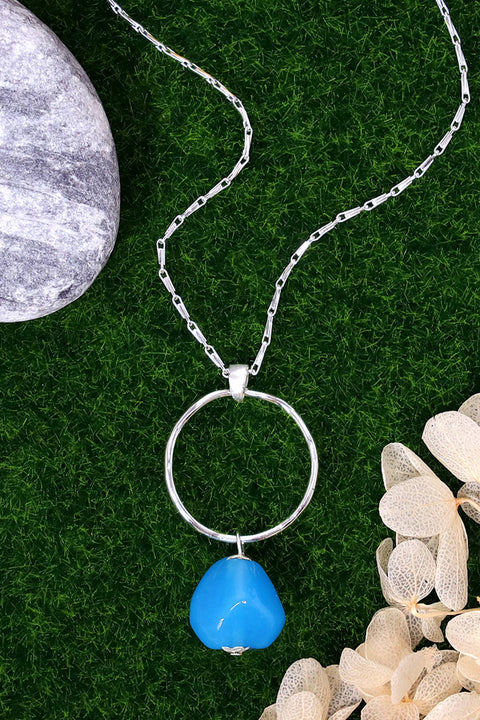 Blue Murano Glass & Hoop Pendant Necklace - SF