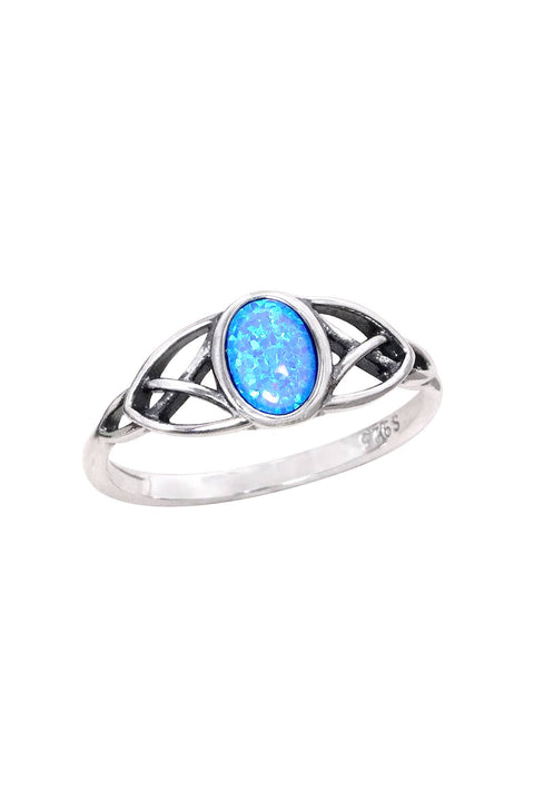 Blue Created Opal & Sterling Silver Celtic Ring - SS