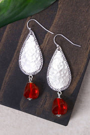 Red Murano Glass & Hammered Teardrop Earrings - SF