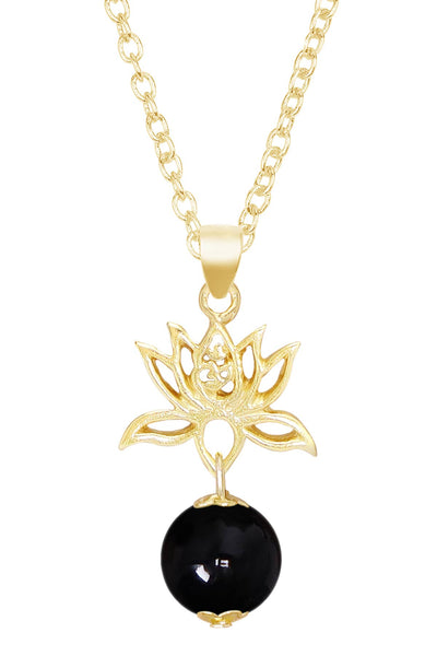 Black Murano Glass & Lotus Pendant Necklace - GF