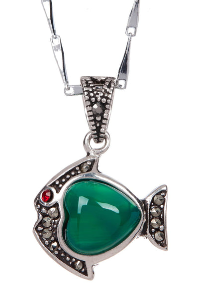 Green Agate & Marcasite Fish Pendant Necklace - SF