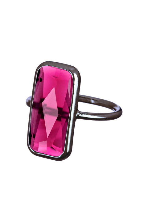 Raspberry Crystal Ring In Gunmetal - SF