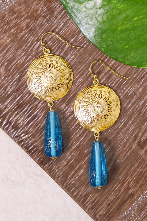 Blue Murano Glass & Floral Hammered Disc Drop Earrings - GF