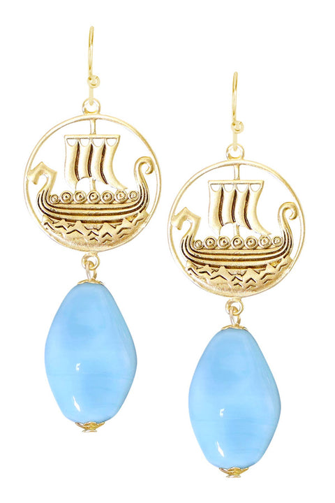 Blue Murano Glass & Viking Ship Drop Earrings - GF