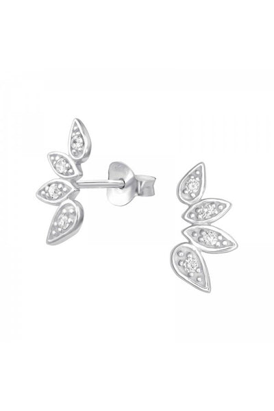 Sterling Silver Leaf Ear Studs With Cubic Zirconia - SS