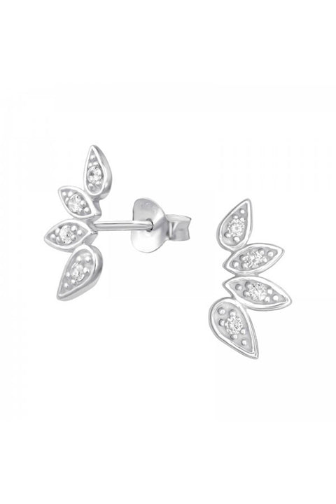 Sterling Silver Leaf Ear Studs With Cubic Zirconia - SS