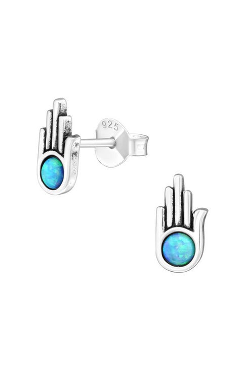 Sterling Silver Hamsa Ear Studs With Opal - SS