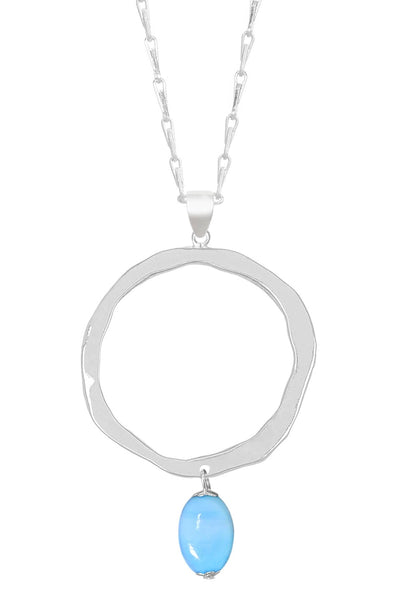 Blue Murano Glass & Hammered Hoop Pendant Necklace - SF