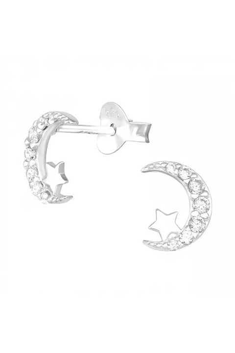 Sterling Silver Moon and Star Ear Studs With CZ - SS