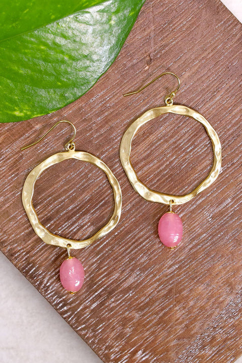 Pink Murano Glass & Hammered Hoop Drop Earrings - GF