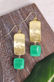 Green Murano Glass & Hammered Rectangle Drop Earrings - GF