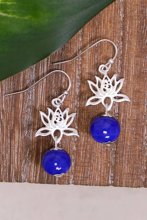 Blue Murano Glass & Lotus Drop Earrings - SF