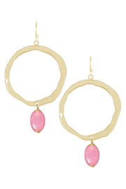 Pink Murano Glass & Hammered Hoop Drop Earrings - GF