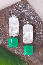 Green Murano Glass & Hammered Rectangle Drop Earrings - SF